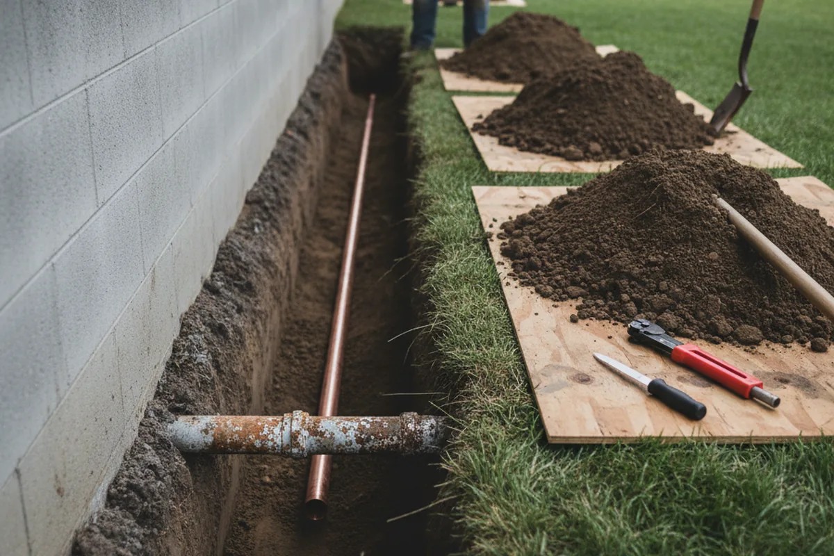 Excavated water line trench during Sewer Line Repair in Strawn
